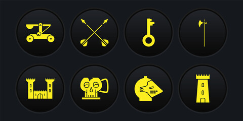 Set Castle, Medieval halberd, Cup from the skull, iron helmet, Old key, crossed arrows, tower and Catapult shooting stones icon. Vector