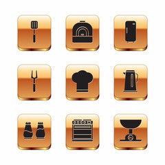 Set Spatula, Salt and pepper, Oven, Chef hat, Barbecue fork, Refrigerator, Electronic scales and icon. Vector