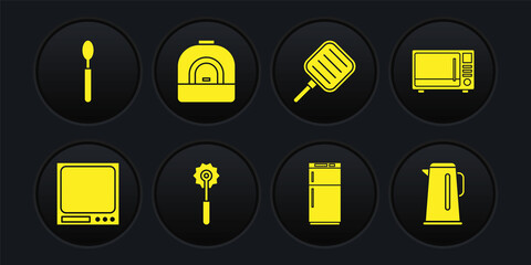 Set Electronic scales, Microwave oven, Pizza knife, Refrigerator, Frying pan, Oven, Kettle with handle and Spoon icon. Vector
