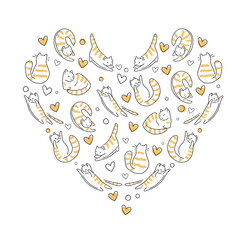 Cats doodle.  Cats vector hand drawn illustration. Tiger-striped cats. Heart shape doodle. Love illustration