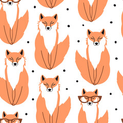Fototapeta premium Seamless pattern with cute fox and glasses