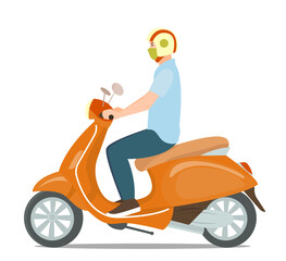 A man or a guy in a helmet rides a scooter or bike. The concept of sustainable transport, active lifestyle, millennial generation. Vector illustration