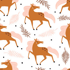 Seamless pattern with cute horses and plants