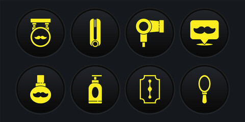 Set Beard and mustaches care oil bottle, Barbershop, Cream or lotion cosmetic tube, Blade razor, Hair dryer, Curling iron for hair, Hand mirror and icon. Vector