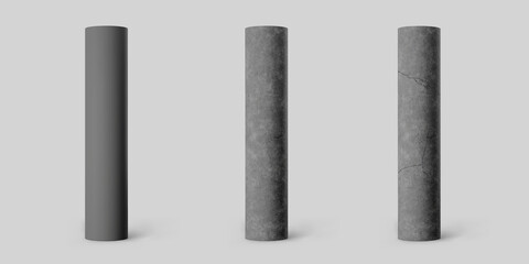 Black concrete cylindrical columns with cracks set isolated on grey background. Realistic dark cement 3d pillar for modern room interior or bridge construction. Vector textured concrete pole base - obrazy, fototapety, plakaty