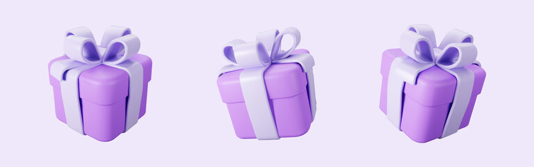 3d purple gift box set with pastel ribbon bow isolated on a light background. 3d render flying modern holiday surprise box. Realistic vector icon for present, birthday or wedding banners