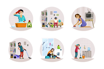 Women tired domestic work set. Girl with vacuum cleaner holds her aching lower back sad woman sits near washing machine with dirty things heavy washing of kitchen. Vector cartoon stress.
