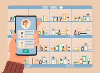 Online pharmacy store concept vector illustration. Mobile phone app to buy drugs online. Pharmacy shop showcase with drugs, bottles, vitamins