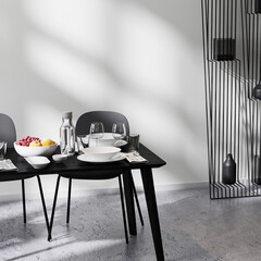 contemporary minimalist design interior, close up of dining table with chairs, white wall and concrete floor, table serving, 3d rendering