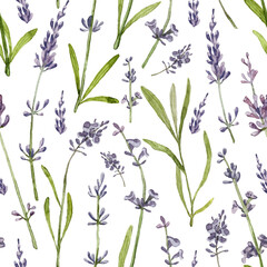 Fototapeta na wymiar Square seamless pattern with watercolor lavender flowers. Hand painted clip art lavender bloom on twigs. Fabric textile pattern. 