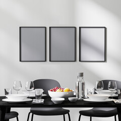 poster frame mock up in modern dining room interior with black table and chairs and white wall with sunbeams, concrete floor, minimalist style, scandinavian, 3d rendering