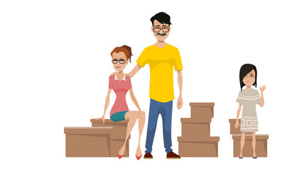 cartoon sad mom dad and daughter sit on boxes