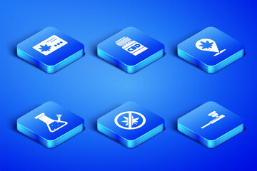 Set Smoking pipe, Calendar and marijuana leaf, Stop or cannabis, Glass bong for smoking, Medical bottle with and Location icon. Vector