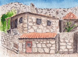 watercolor hand drawn old portuguese village
