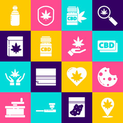 Set Location and marijuana, Cookies with, Cannabis molecule, Medical bottle, cannabis, Book or, Marijuana olive oil and leaf icon. Vector