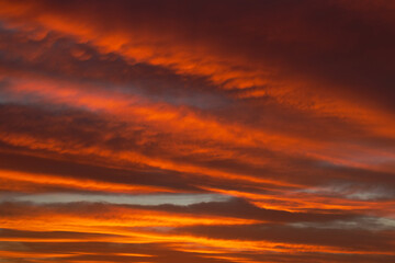 Sunrise sky with red color fire on a cloudy winter day. Space for text.