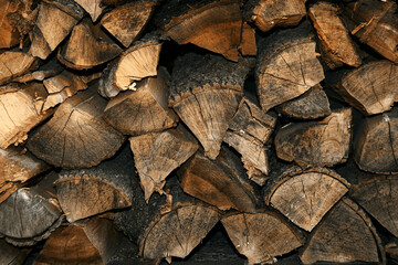 Woodpile of firewood. Harvesting and storage of fire woods for the winter. Background.