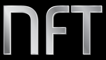 Silver text NFT non fungible token design element isolated on black. Pay for unique collectibles in games or art. Vector illustration.