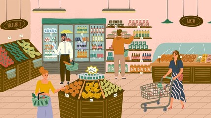 People shopping in grocery store or supermarket concept vector illustration. Organic shop with fruits and vegetables. Woman with trolley buying food. Shelves with food products and bakery