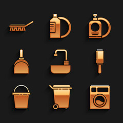 Set Washbasin with water tap, Trash can, Washer, Adhesive roller, Bucket, Dustpan, Dishwashing liquid bottle and plate and Brush for cleaning icon. Vector