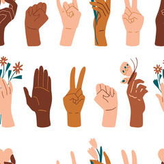 Palms seamless pattern. Different skin colors hands with flowers