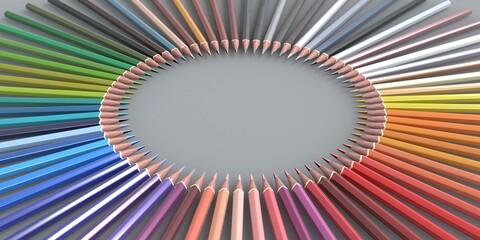 Colored pencils in the shape of a circle on a gray background with a place for text in the center. 3d illustration