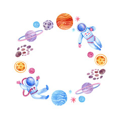 Round watercolor frame with space (planets, stars, astronauts, meteorite, asteroid). Template with space for children's cards, greeting, invitations and more