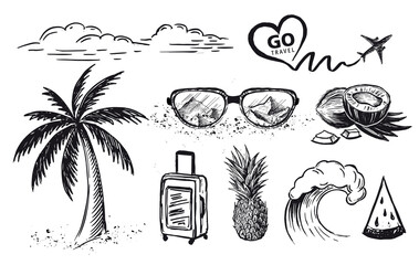 Hello Summer, palm tree, glasses, wave, pineapple. Hand drawn illustration.	