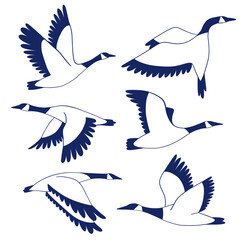 Collection with blue outline cranes. Traditional Japanese birds set