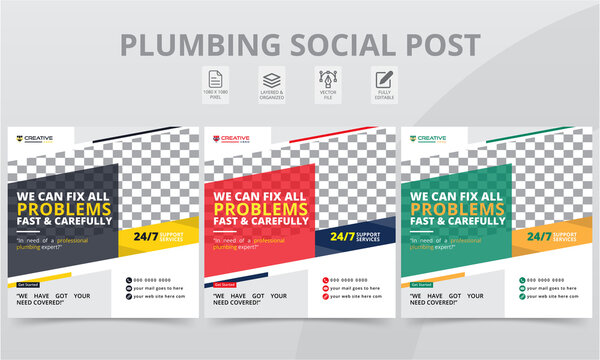 Premium Plumber Social Media Post Colorful Shapes Template. Modern Professional Plumbing Social Square Banner Layouts with Photo College for The Personal Blog Digital Marketing.