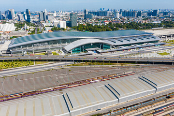 Aerial view of Bang Sue Grand Station Bangkok Thailand. Expressway, Trains and high-speed trains...