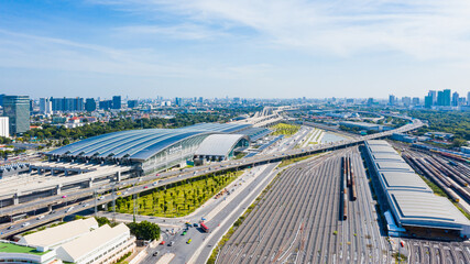 Aerial view of Bang Sue Grand Station Bangkok Thailand. Expressway, Trains and high-speed trains...