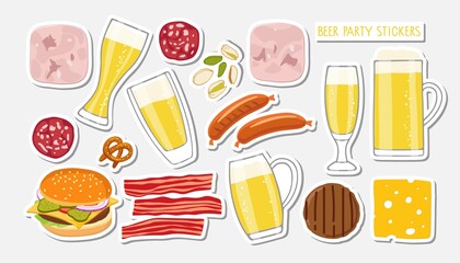 Beer party stickers for restaurant, cafe, pub. Beer mugs and snacks, sausages, bacon, nuts, burger for greeting card for Fathers day, St.Patricks day, octoberfest, birthday or beer party celebration