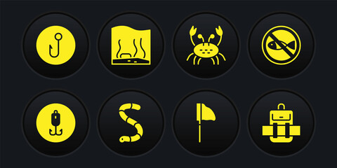 Set Fishing hook, No fishing, Worm, net with, Crab, Aquarium, Hiking backpack and icon. Vector
