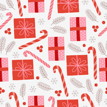 Fototapeta Christmas seamless pattern with gift, snow, fir branches, candy cane