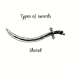 Obraz premium Types of swords. Shotel. Ink black and white doodle drawing in woodcut style.