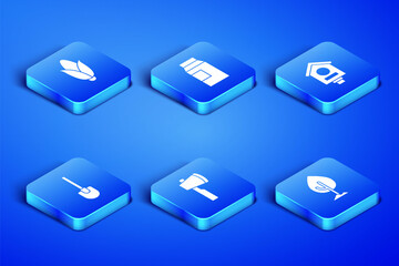 Set Tree, Corn, Wooden axe, Shovel, Paper package for milk and Bird house icon. Vector