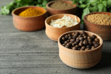 Different spices in wooden bowls on gray textured background