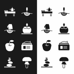 Set Aroma candle, Massage, table with oil, Acupuncture therapy, Apple, Ointment cream tube, Mushroom and Stack hot stones icon. Vector