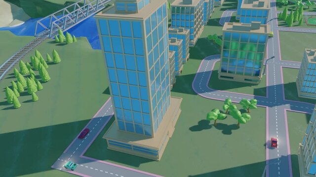 aerial survey of a 3D model of a city surrounded by mountains with animated cars and a train. looped cartoon animation. 3d render