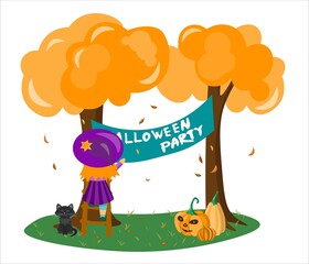 Vector illustration of a witch inviting to the halloween party