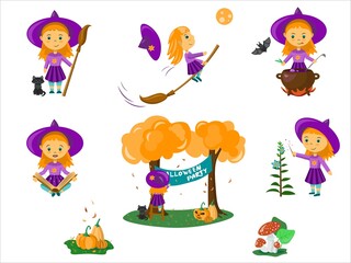 Vector Halloween set with little witch
