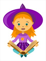 Vector little witch reading a magic book