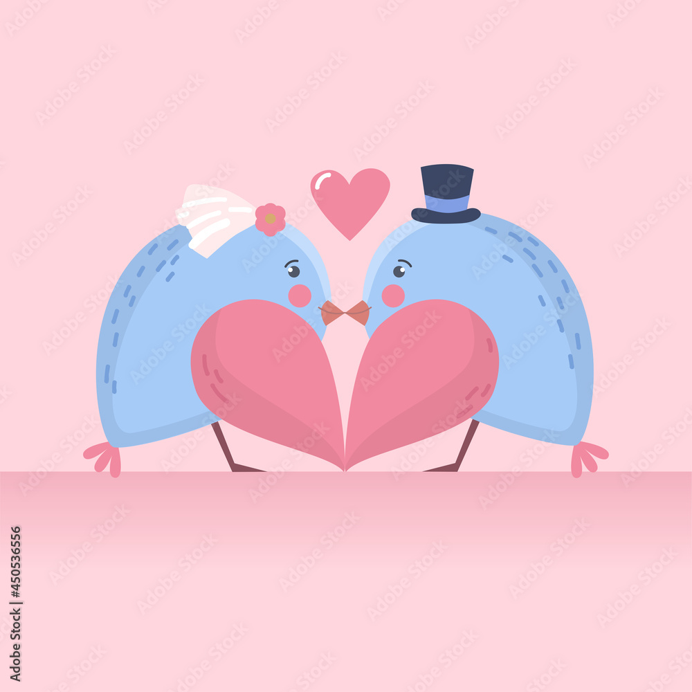 Wall mural two lovely blue birds on pink background. boy and girl. bride and groom. husband and wife. wedding a