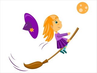 Vector little witch flying in a moon night on the broom