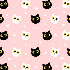 Seamless pattern with cute black cat and cute white cat. Creative childish pink texture. Great for fabric, textile Vector Illustration