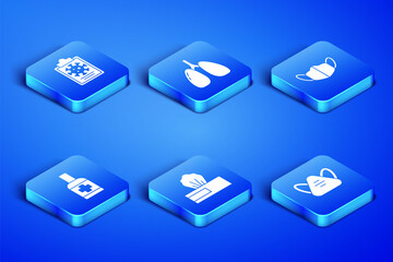 Set Medical protective mask, Clipboard with blood test results, Wet wipe pack, Liquid antibacterial soap, Lungs and icon. Vector