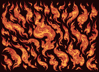 Flames. Design set. Editable hand drawn illustration. Vector engraving. Isolated on black background. 8 EPS - 450536937