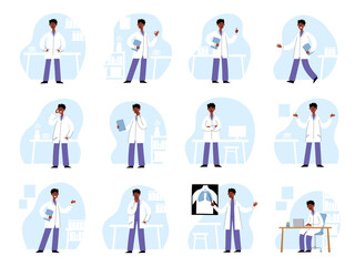 Vector set of male doctor with various poses and gestures