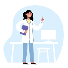 Vector illustration of talking woman doctor in medical office.